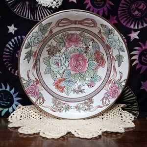 Vintage Chinese Porcelain Bowl Ribbon And Roses Blue And Pink Decor Gold Rim